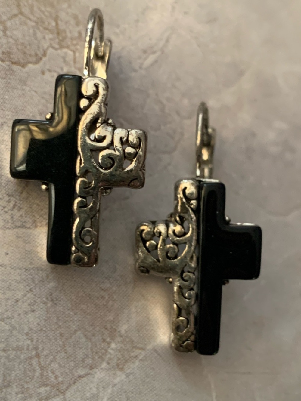 Black Cross Vintage Dangle Earrings with Silver Filigree